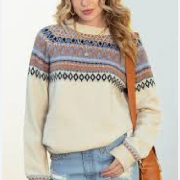 VINTAGE GEOMETRIC PATTERN PULLOVER CREW NECK SWEATER WOMENS LARGE - Picture 1 of 8